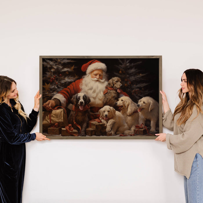 Hangout Home - Santa with Dogs - Santa Canvas Art - Wood Framed Wall Art: 6x10" Mini Canvas Art with Wood Box Frame