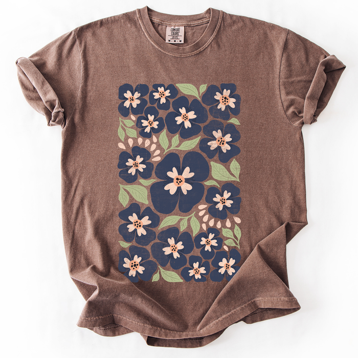 Refinery Number One LLC - Blue Wildflower Allover Floral, Vintage Boho, Nature T-Shirt: Brown / Large
