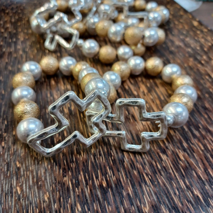 Paco Designs - Mixed Metal Beaded Stretch Cross Bracelet