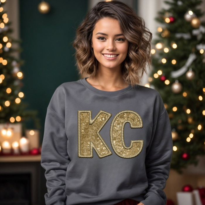 The Red Rival Wholesale - Faux Gold Embroidery KC Letters Charcoal Sweatshirt: Large