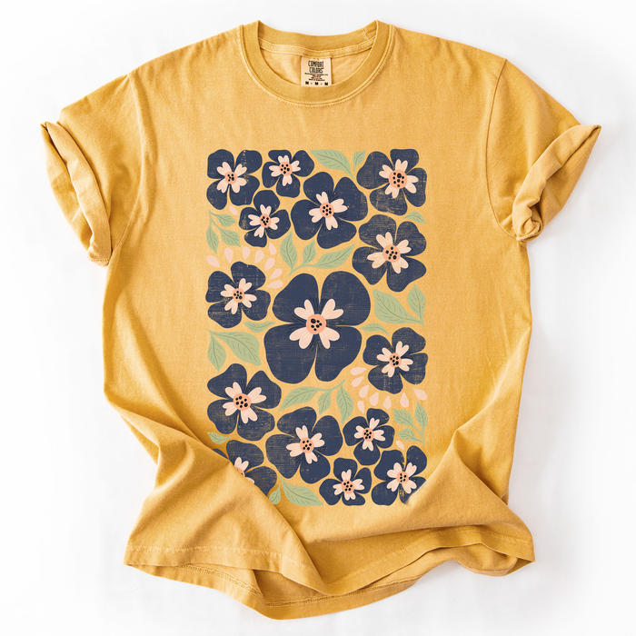 Refinery Number One LLC - Blue Wildflower Allover Floral, Vintage Boho, Nature T-Shirt: Brown / Large