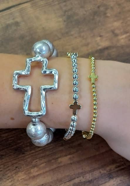 Paco Designs - Dainty Cross Accented Gold or Silver Beaded Bracelet: Gold