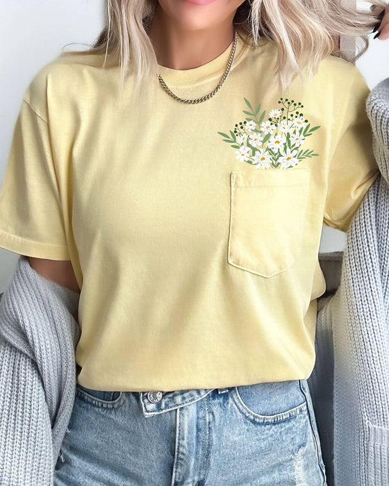 Refinery Number One LLC - Floral Pocket, Vintage Flowers, Boho, Gardening Nature Shirt: Butter / XL