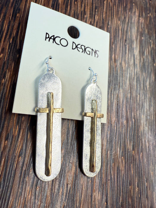 Paco Designs - Hammered Cross Oval Earrings: Gold