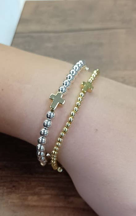 Paco Designs - Dainty Cross Accented Gold or Silver Beaded Bracelet: Gold