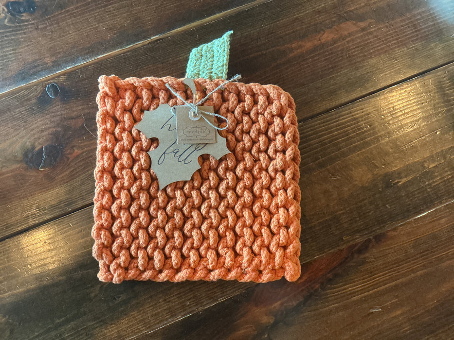Mudpie Orange Pumpkin Knit Trivet “Hello Fall”