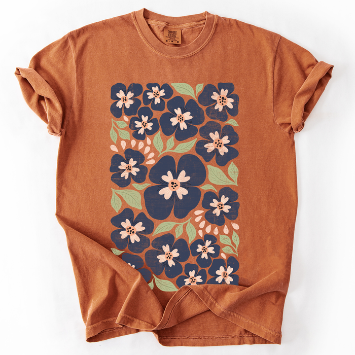Refinery Number One LLC - Blue Wildflower Allover Floral, Vintage Boho, Nature T-Shirt: Brown / Medium