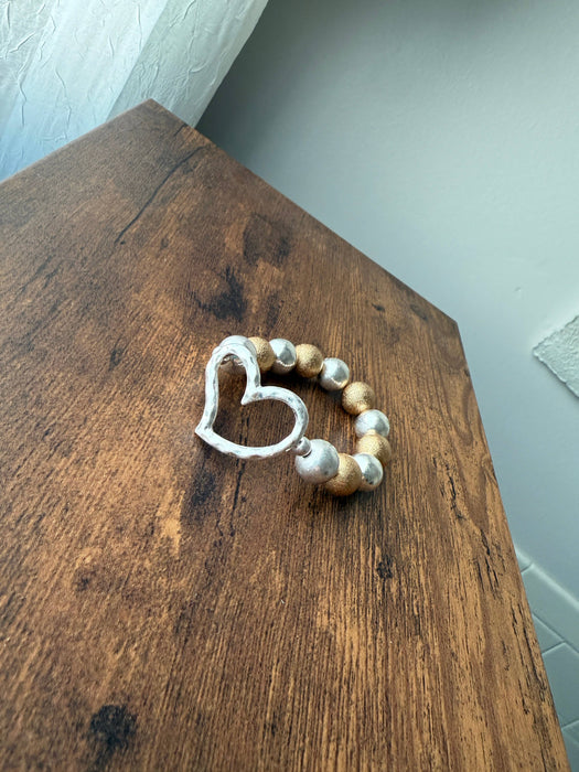 Paco Designs - Hammered Heart Chunky Two-tone Beaded Bracelet: Silver