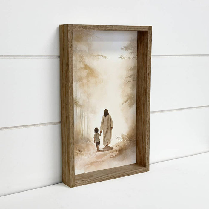 Hangout Home - Jesus Walking with Dark Haired Boy - Jesus Canvas Art : 6x10" Mini Canvas Art with Wood Box Frame