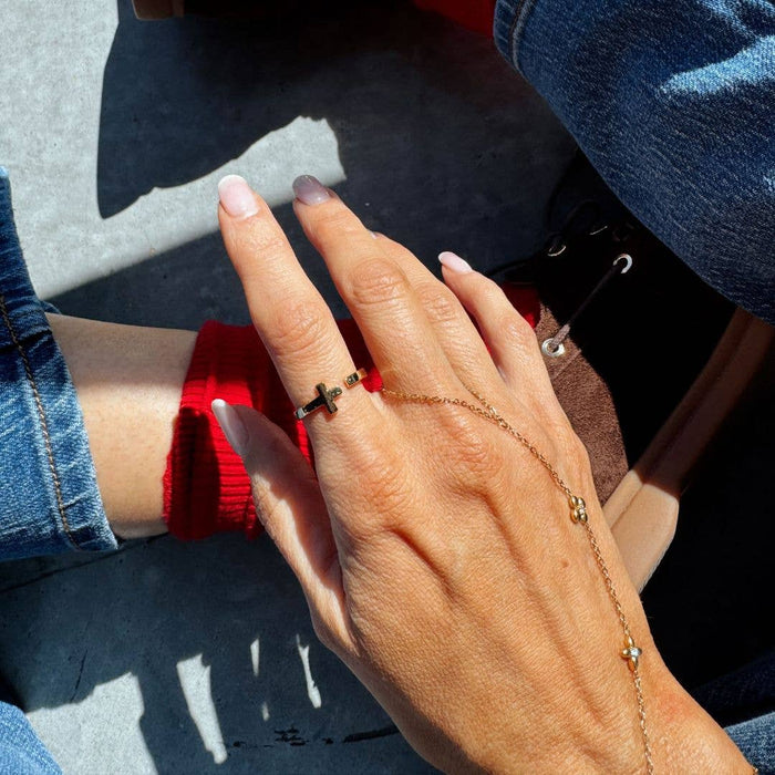 Nickel and Suede - Gold Sideways Cross Ring