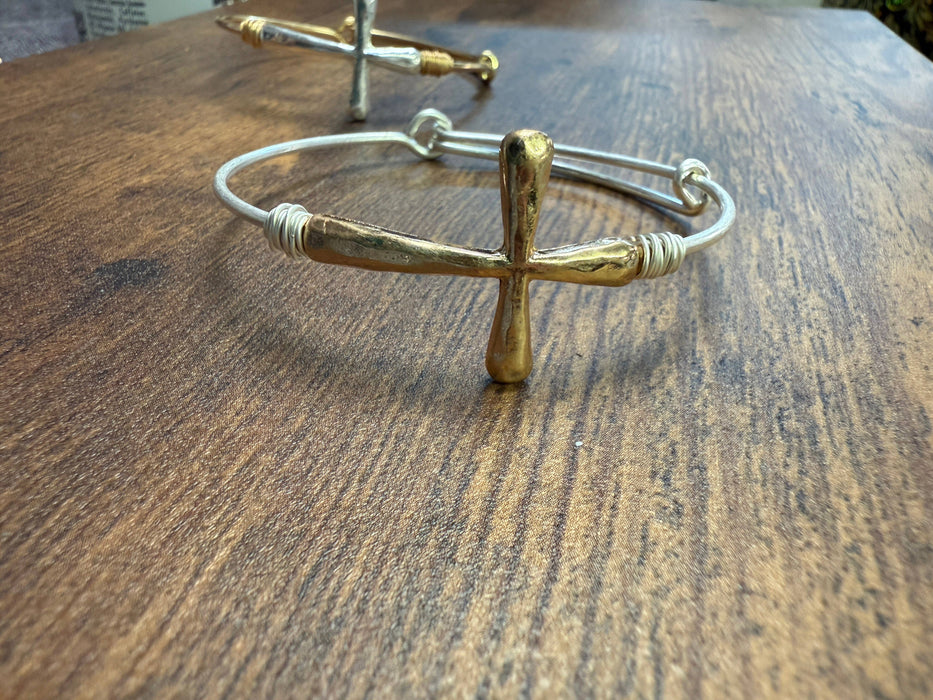 Paco Designs - Two-tone Wire Wrapped Cross Bangle Bracelet : Silver Cross- Gold Bangle