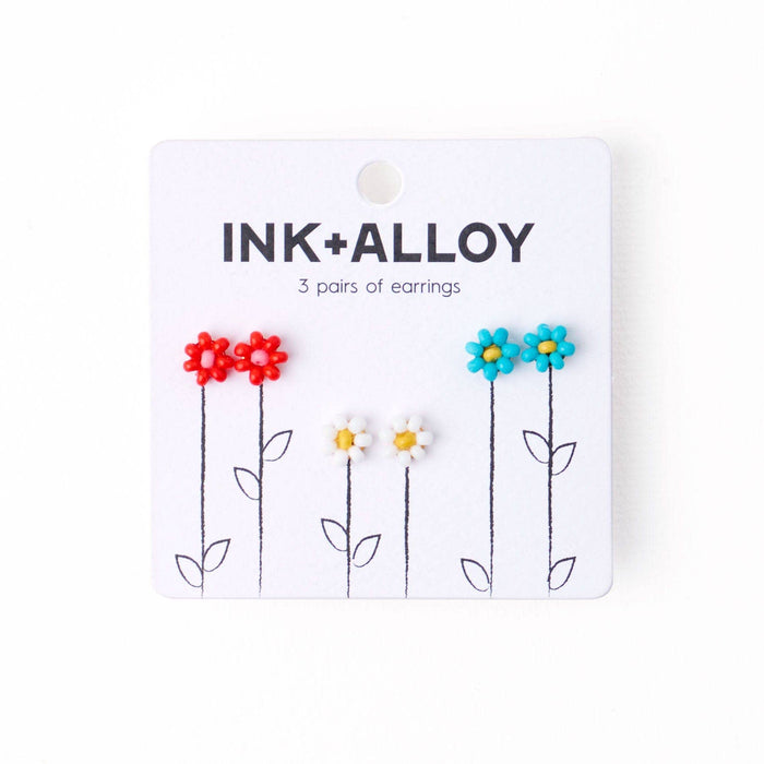 INK + ALLOY - Tina Flower Earrings Trio Set Aqua, Tomato + White Wholesale