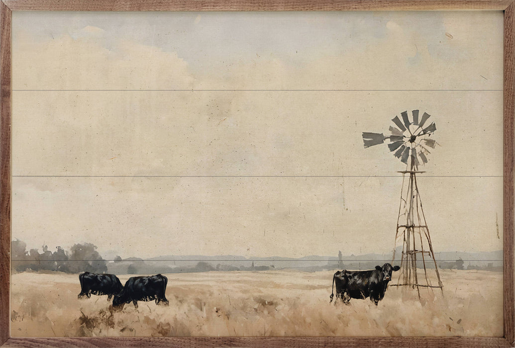 Kendrick Home - Black Cattle With Windmill: 16x10