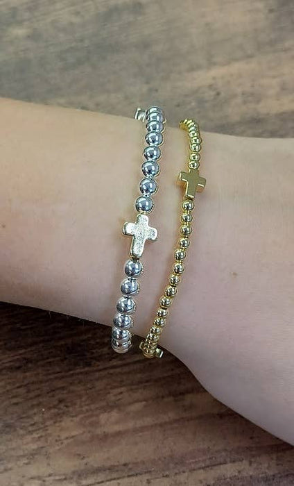 Paco Designs - Dainty Cross Accented Gold or Silver Beaded Bracelet: Gold