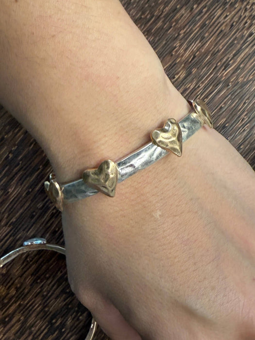 Paco Designs - Heart Studded Two Tone Stretch Bangle Bracelet: Gold w/ Silver Heart