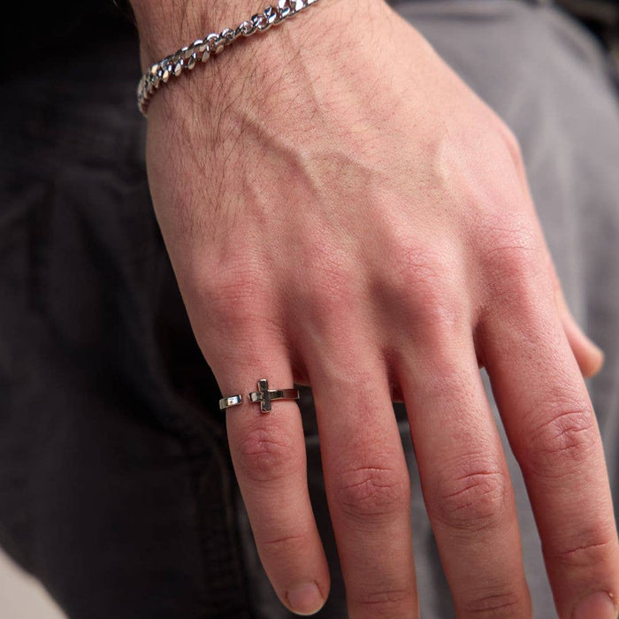 Nickel and Suede - Silver Sideways Cross Ring