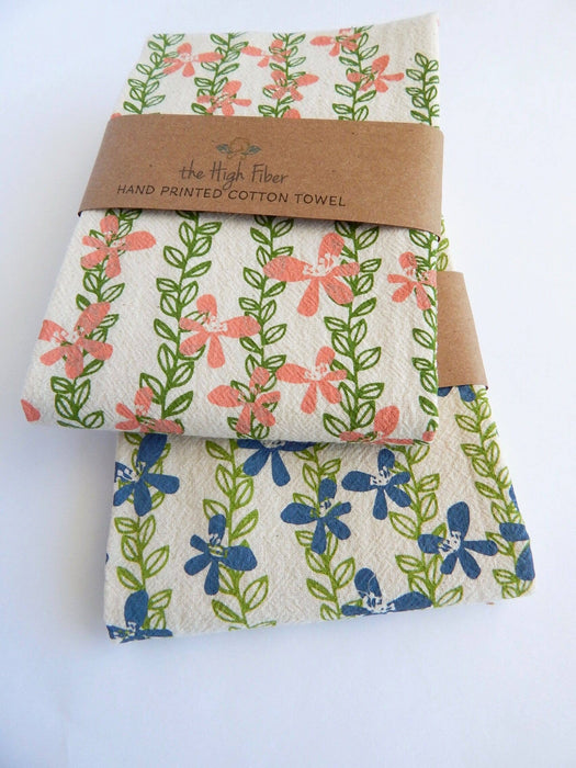 The High Fiber - Floral Kitchen Towel,  Handprinted Towel, Floral Vine: Dusty Blue and Green Vines on Natural