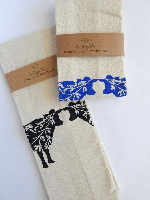 The High Fiber - Cow Tea Towel, Handprinted Kitchen Towel, Farmhouse Style: Black on Natural