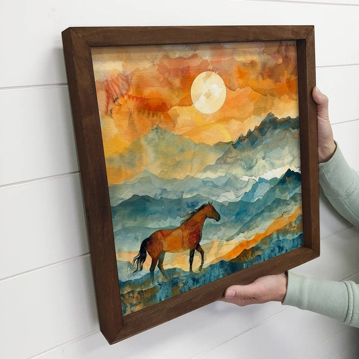 Hangout Home - Horse on the Horizon - Horse Canvas Art - Wood Framed Decor: 15x15" Medium Canvas Art with Thick Wood Frame