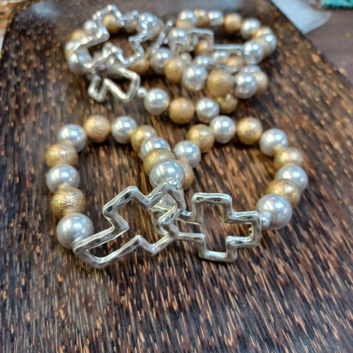 Paco Designs - Mixed Metal Beaded Stretch Cross Bracelet