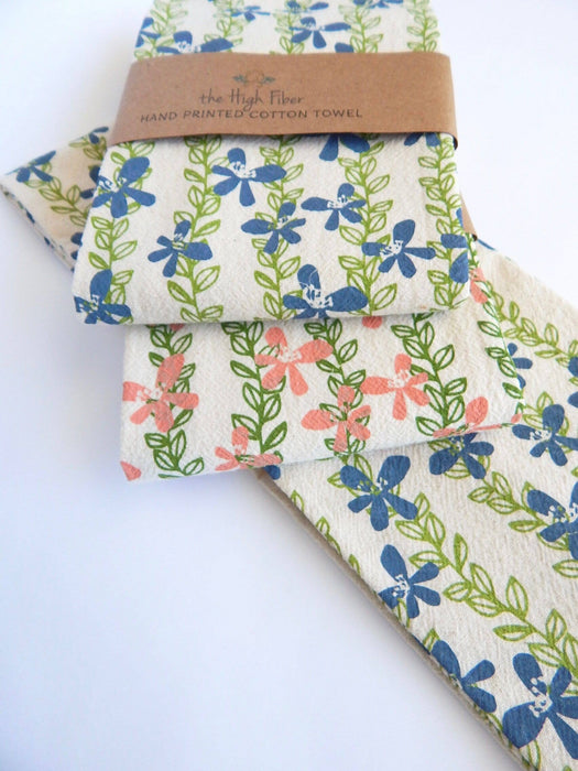 The High Fiber - Floral Kitchen Towel,  Handprinted Towel, Floral Vine: Pink and Green Vines on Natural