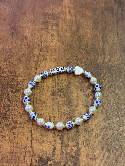 Paco Designs - Blue & White Porcelain and Pearl Heart "MOM" Beaded Bracelet: MOM