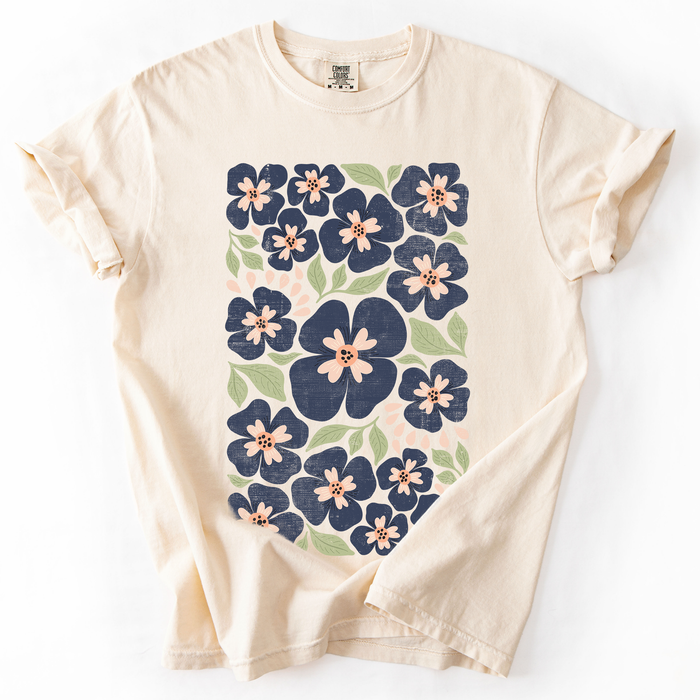Refinery Number One LLC - Blue Wildflower Allover Floral, Vintage Boho, Nature T-Shirt: Brown / Medium