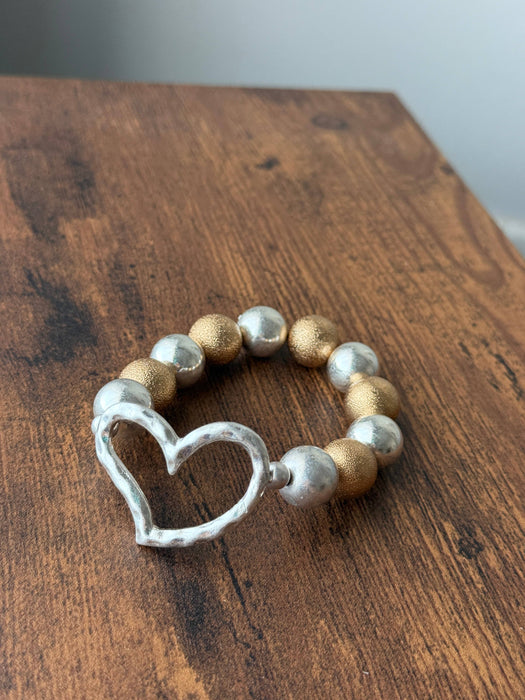 Paco Designs - Hammered Heart Chunky Two-tone Beaded Bracelet: Silver