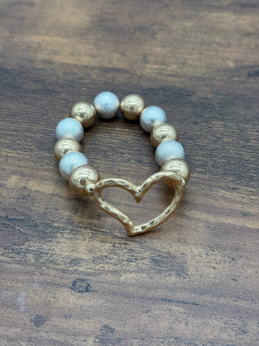 Paco Designs - Hammered Heart Chunky Two-tone Beaded Bracelet: Silver