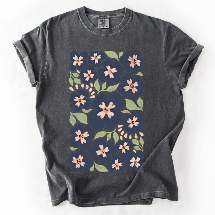 Refinery Number One LLC - Blue Wildflower Allover Floral, Vintage Boho, Nature T-Shirt: Brown / Medium