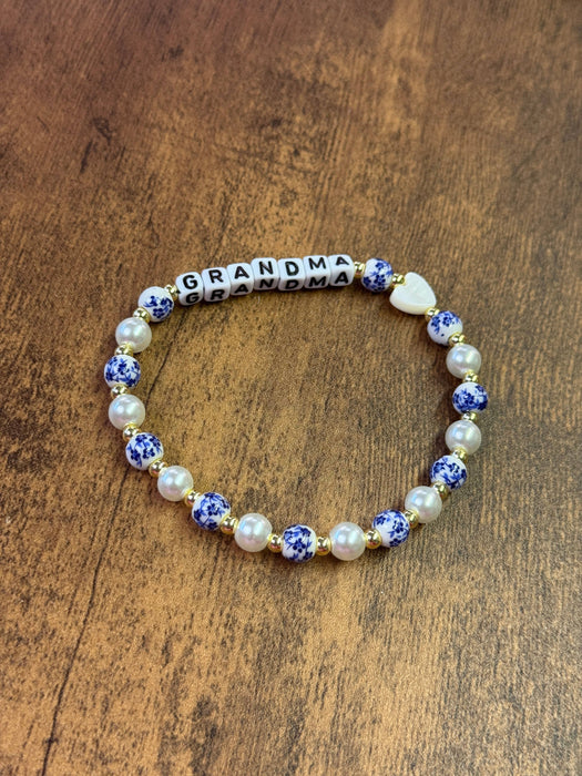 Paco Designs - Blue & White Porcelain and Pearl Heart "MOM" Beaded Bracelet: MOM