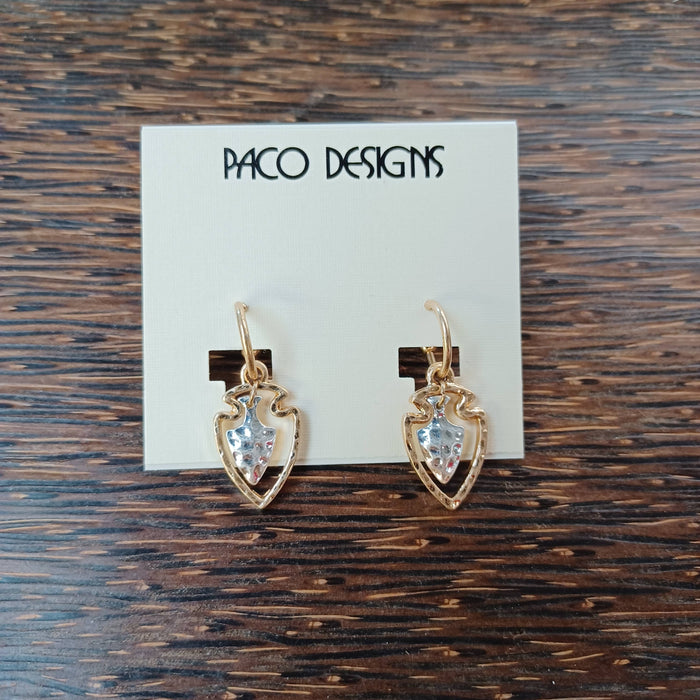 Paco Designs - Dainty Hammered Two Tone Arrowhead Earrings: Yellow Gold