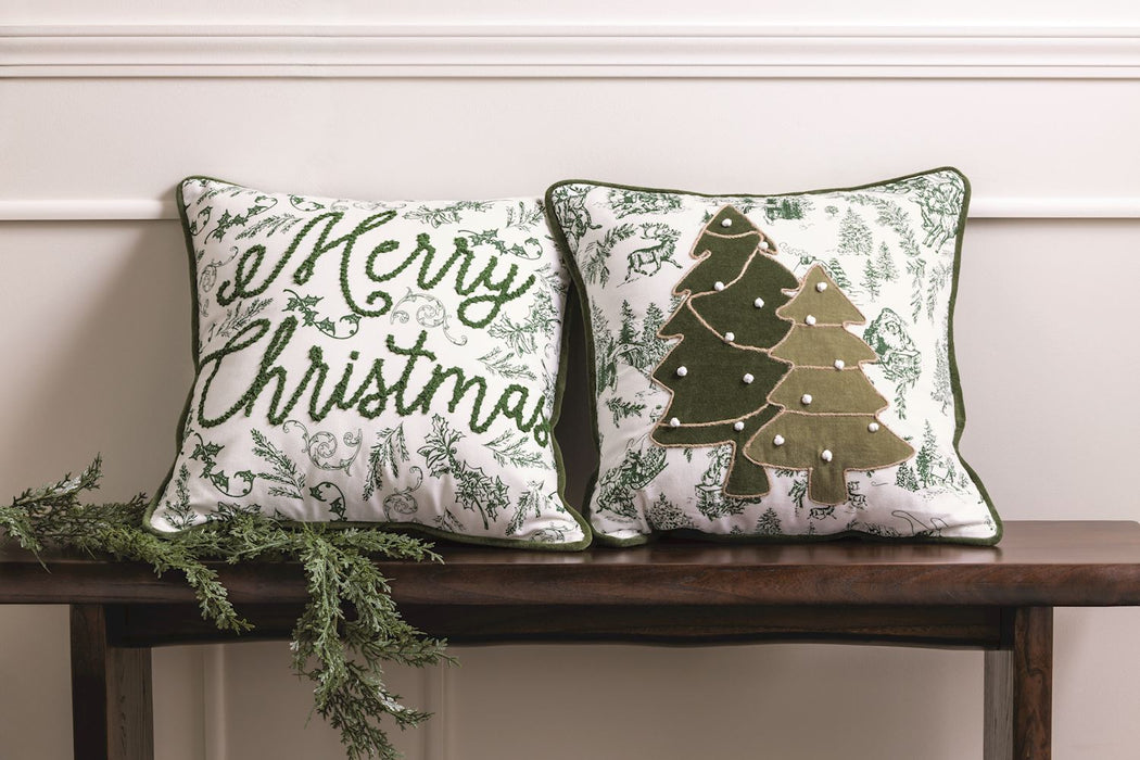 Mudpie “Merry Christmas” Green Toile Pillow