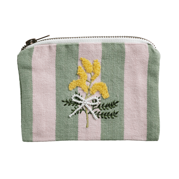 Pink stripe bead embroidered pouch