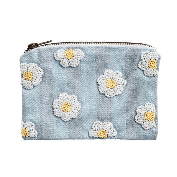 Blue stripe bead embroidered pouch