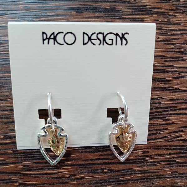 Paco Designs - Dainty Hammered Two Tone Arrowhead Earrings: Yellow Gold