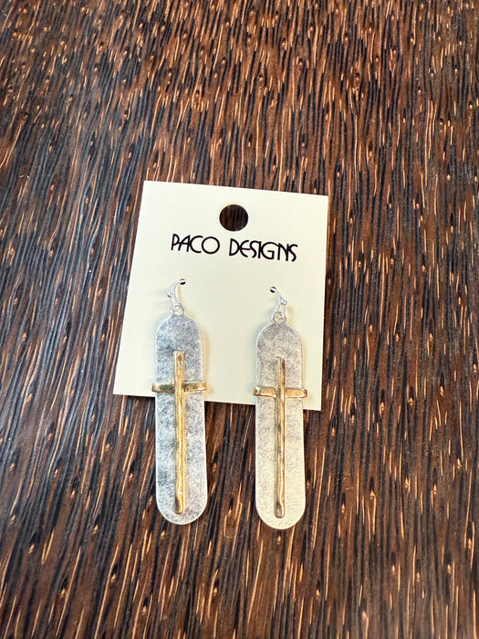 Paco Designs - Hammered Cross Oval Earrings: Silver