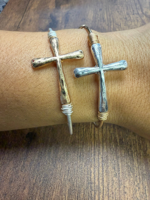 Paco Designs - Two-tone Wire Wrapped Cross Bangle Bracelet : Silver