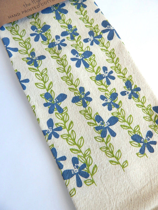 The High Fiber - Floral Kitchen Towel,  Handprinted Towel, Floral Vine: Dusty Blue and Green Vines on Natural