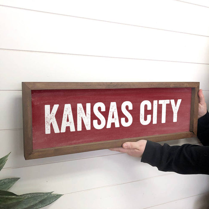 Hangout Home - Personalized City Sign - Vintage Block Red Kansas City Sign: 8x24" Long Canvas Art with Thick Wood Frame