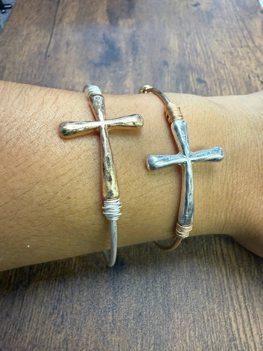 Paco Designs - Two-tone Wire Wrapped Cross Bangle Bracelet : Silver Cross- Gold Bangle