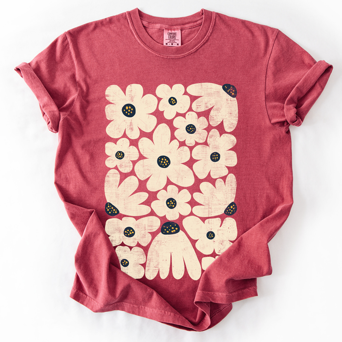 Refinery Number One LLC - Cream Daisy Allover Floral, Vintage Boho, Nature T-Shirt: Moss Green / XL