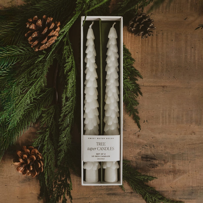 Sweet Water Decor - *NEW* Cream Tree Taper Candles, Set of 2 - Christmas Decor