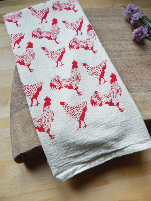 The High Fiber - Chicken Kitchen Towel, Handprinted Chicken Towel, Rooster: Black on Natural