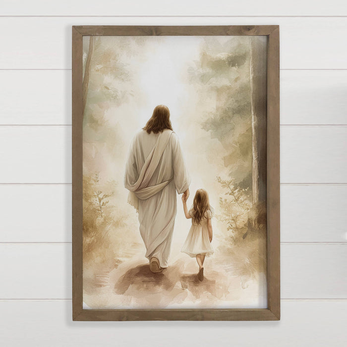 Hangout Home - Jesus Walking with Light Haired Girl - Jesus Canvas Art : 6x10" Mini Canvas Art with Wood Box Frame