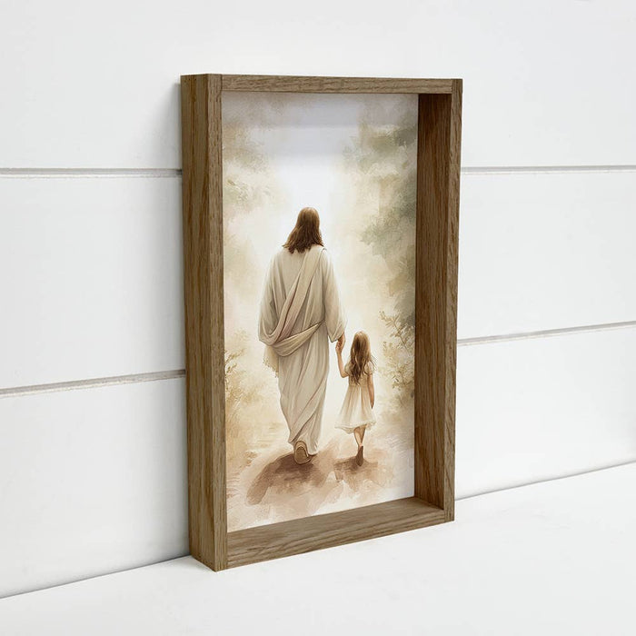Hangout Home - Jesus Walking with Light Haired Girl - Jesus Canvas Art : 6x10" Mini Canvas Art with Wood Box Frame