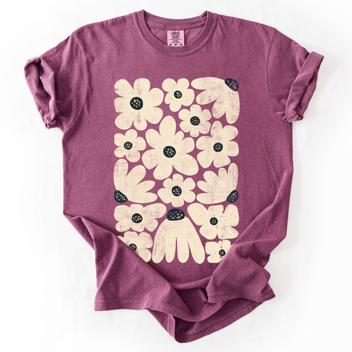 Refinery Number One LLC - Cream Daisy Allover Floral, Vintage Boho, Nature T-Shirt: Moss Green / XL