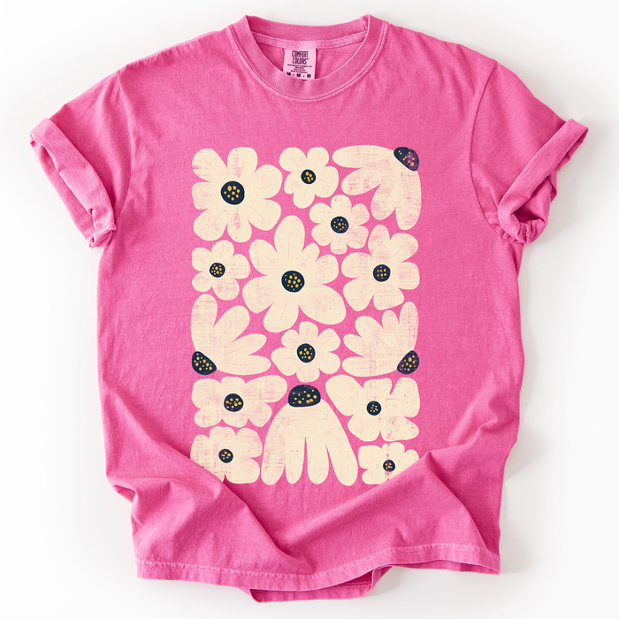 Refinery Number One LLC - Cream Daisy Allover Floral, Vintage Boho, Nature T-Shirt: Moss Green / Medium
