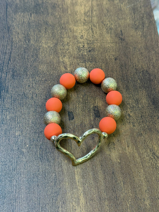Paco Designs - Heart Pendant Gold & Orange Chunky Beaded Bracelet