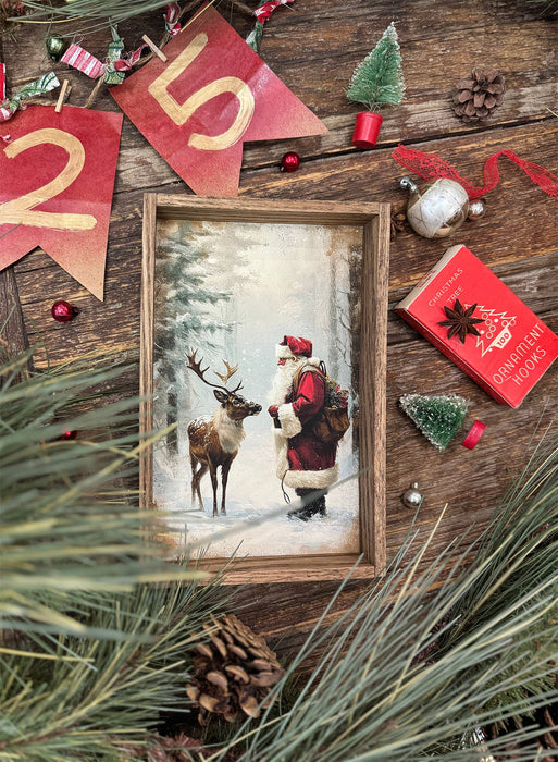 Hangout Home - Santa Claus and Reindeer - Christmas Canvas Art - Framed Art: 6x10" Mini Canvas Art with Wood Box Frame